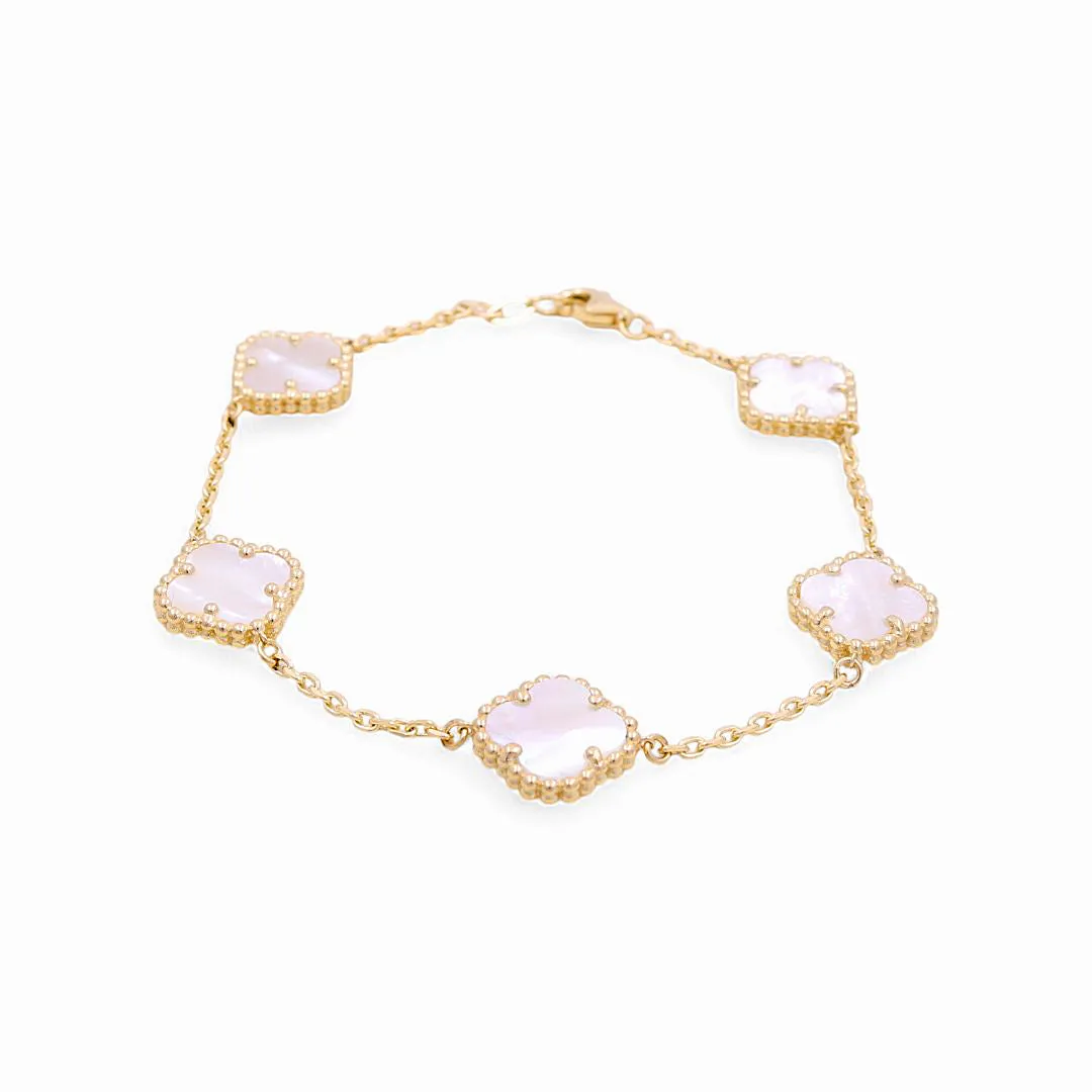 14K Yellow Gold Women's Bracelet with 5 Mother of Pearl Clover / Size 7" 10MM/ Weight 7GR / BOWB4CLV-6