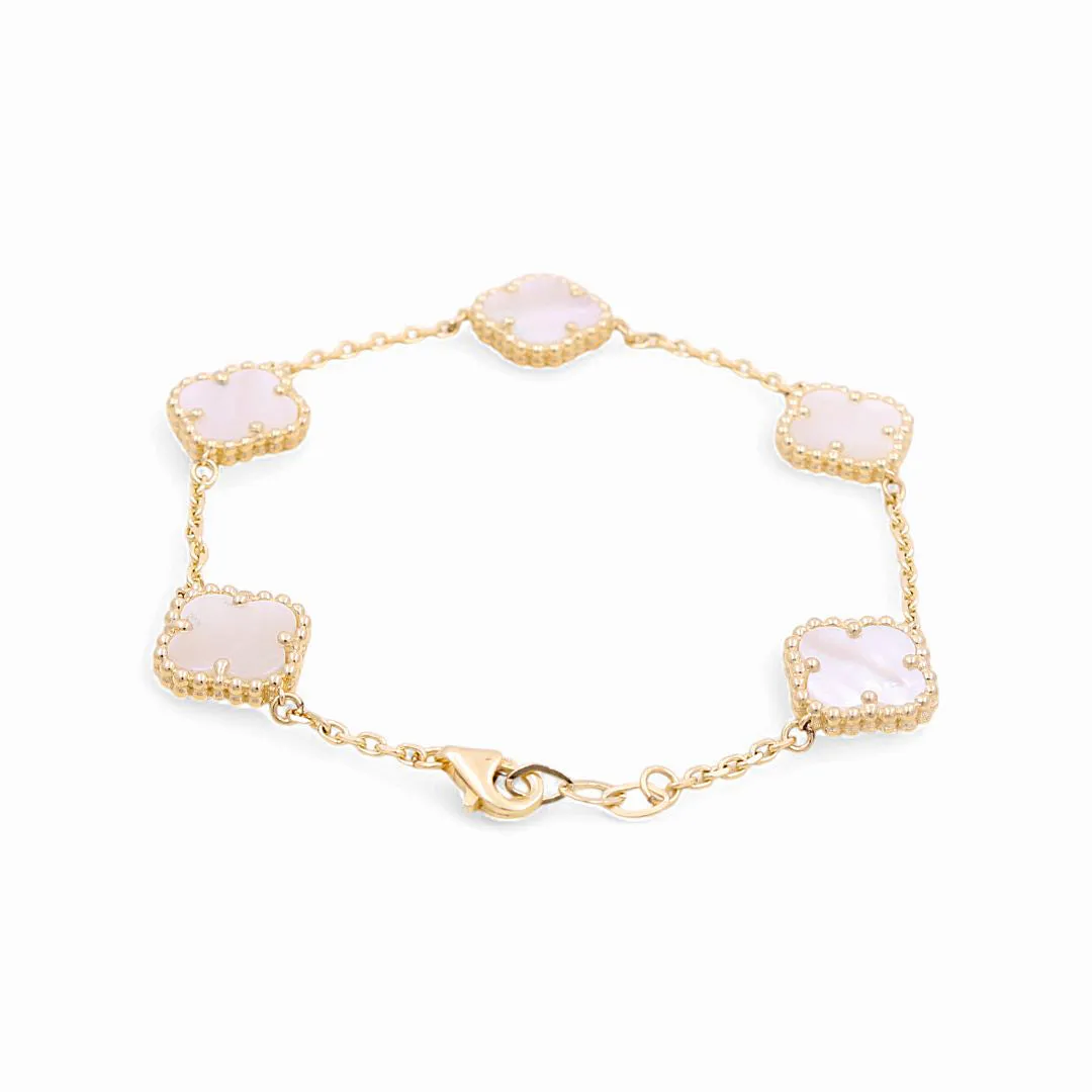 14K Yellow Gold Women's Bracelet with 5 Mother of Pearl Clover / Size 7" 10MM/ Weight 7GR / BOWB4CLV-6
