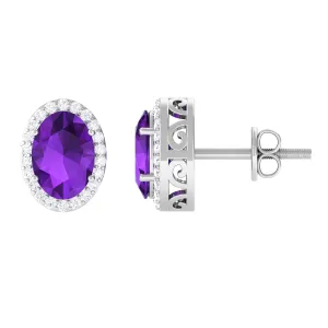2.50 CT Oval Amethyst and Diamond Halo Stud Earrings
