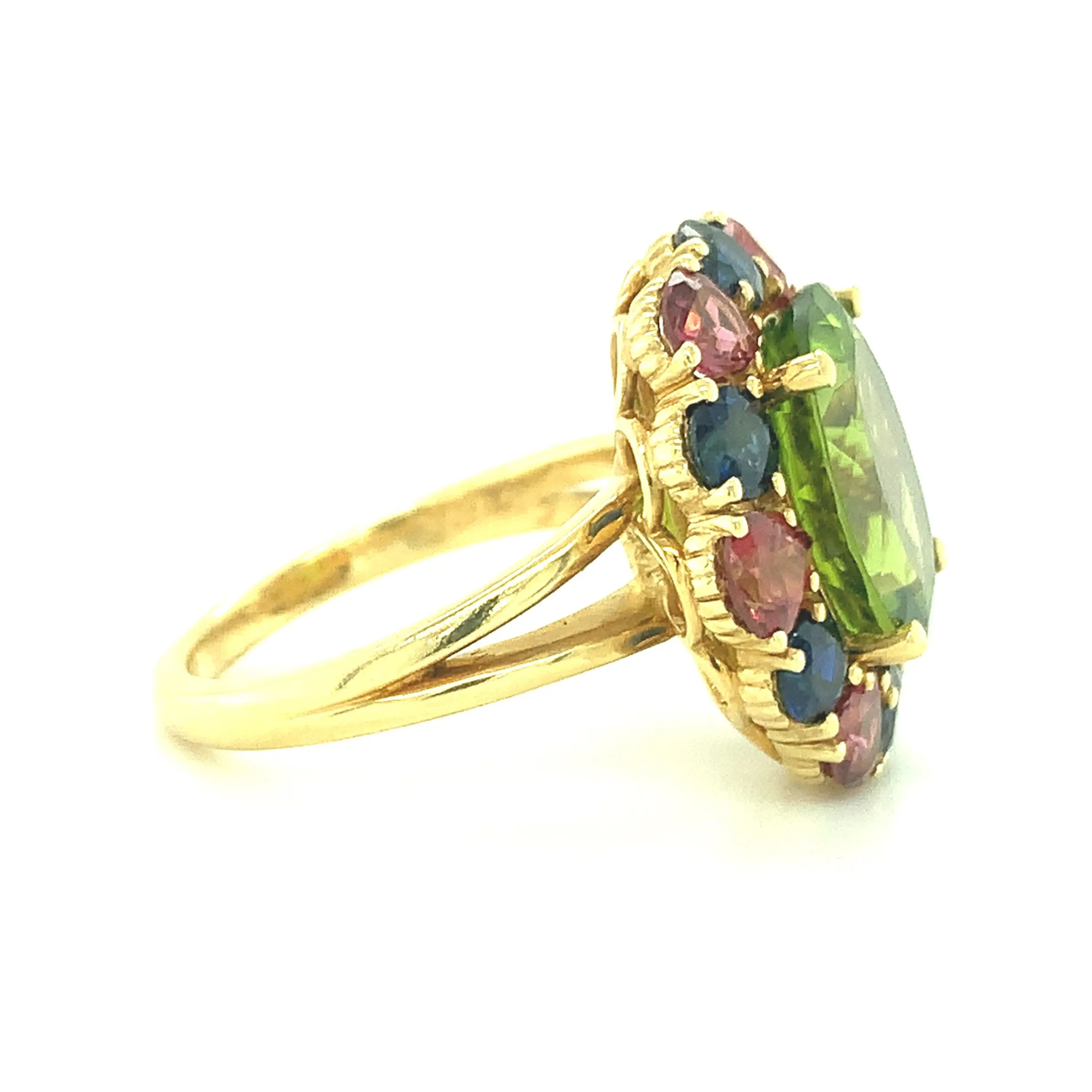 6.70 Carat Peridot, Sapphire, Rhodolite Garnet Yellow Gold Cocktail Cluster Ring