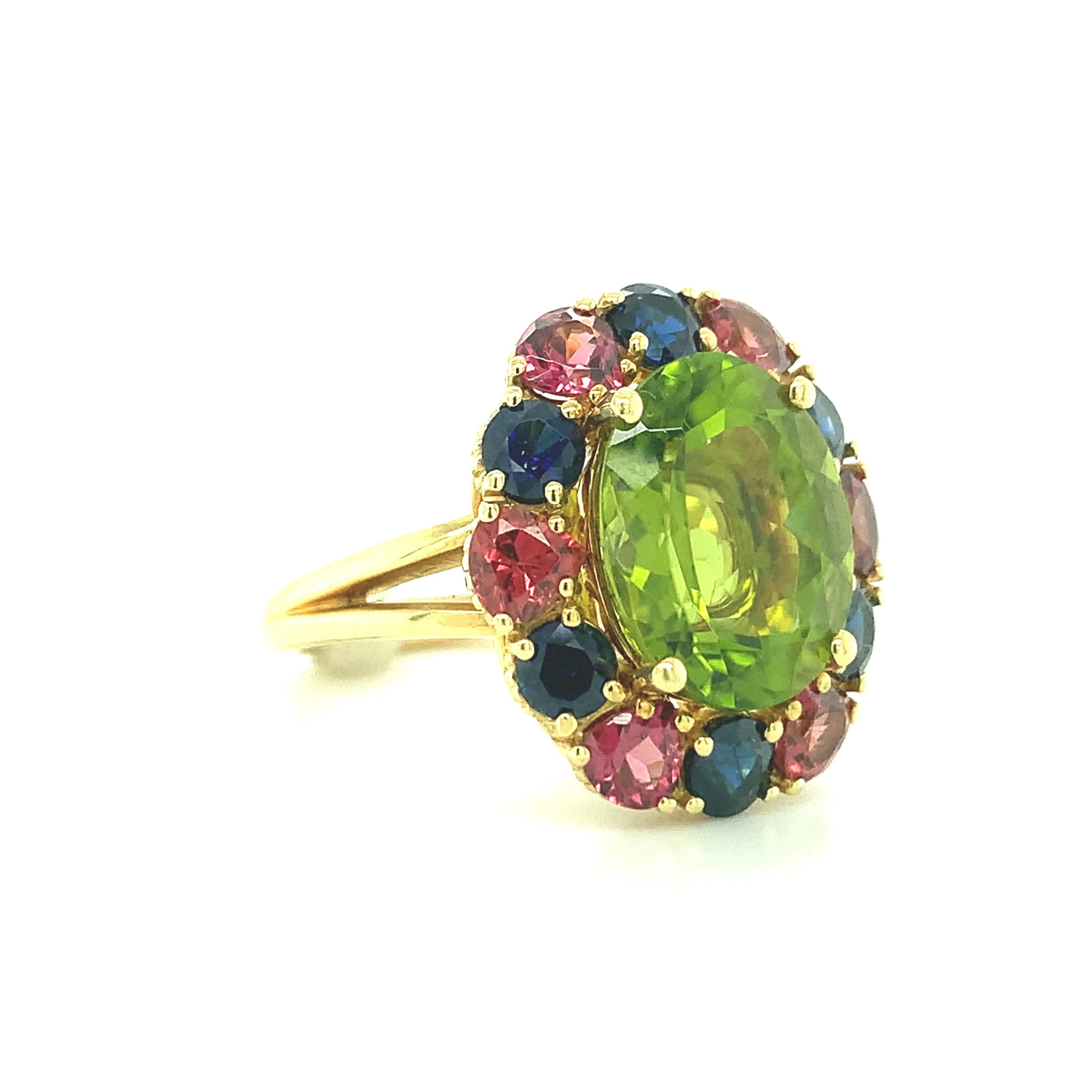 6.70 Carat Peridot, Sapphire, Rhodolite Garnet Yellow Gold Cocktail Cluster Ring