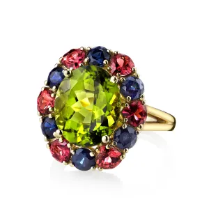 6.70 Carat Peridot, Sapphire, Rhodolite Garnet Yellow Gold Cocktail Cluster Ring