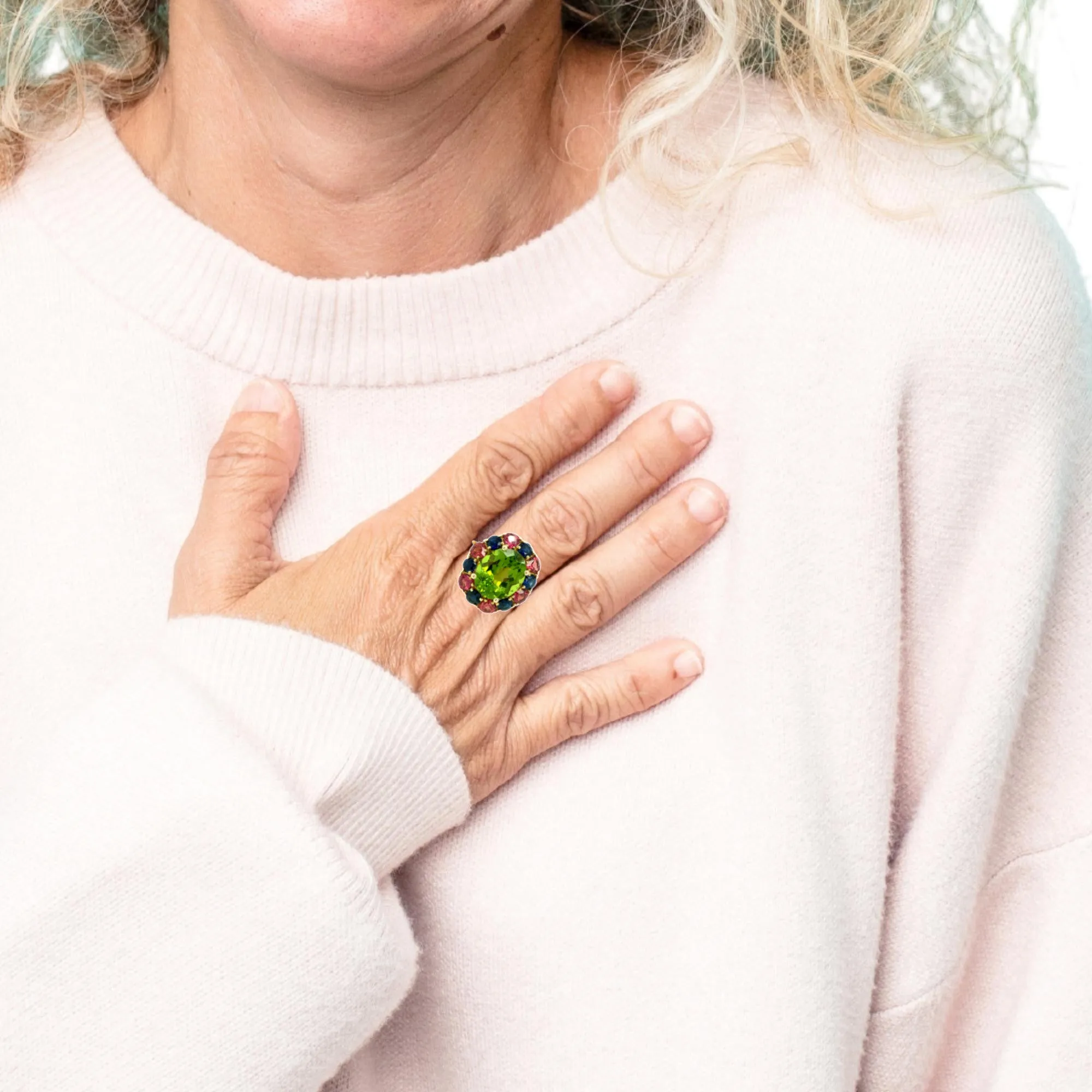 6.70 Carat Peridot, Sapphire, Rhodolite Garnet Yellow Gold Cocktail Cluster Ring
