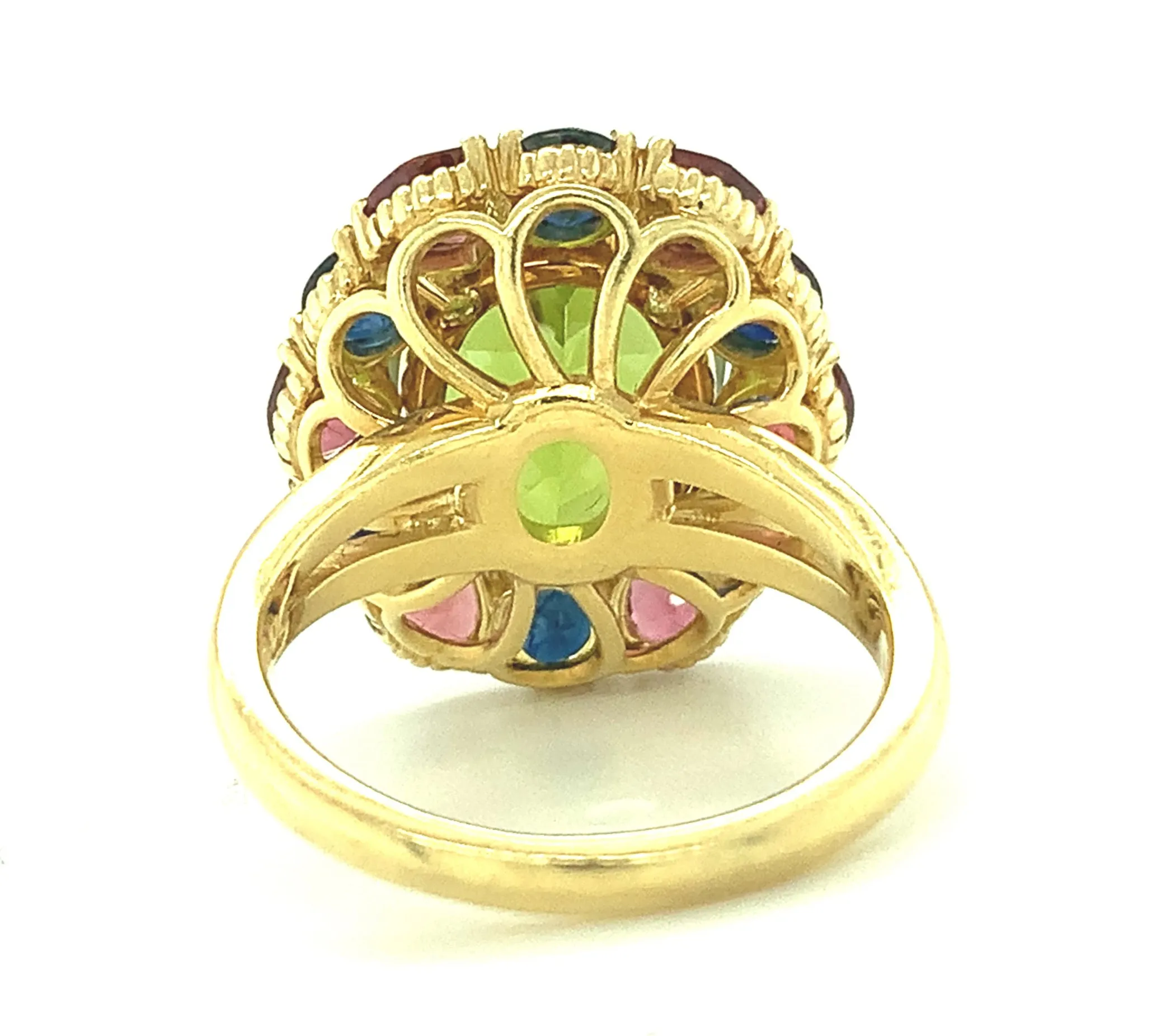6.70 Carat Peridot, Sapphire, Rhodolite Garnet Yellow Gold Cocktail Cluster Ring