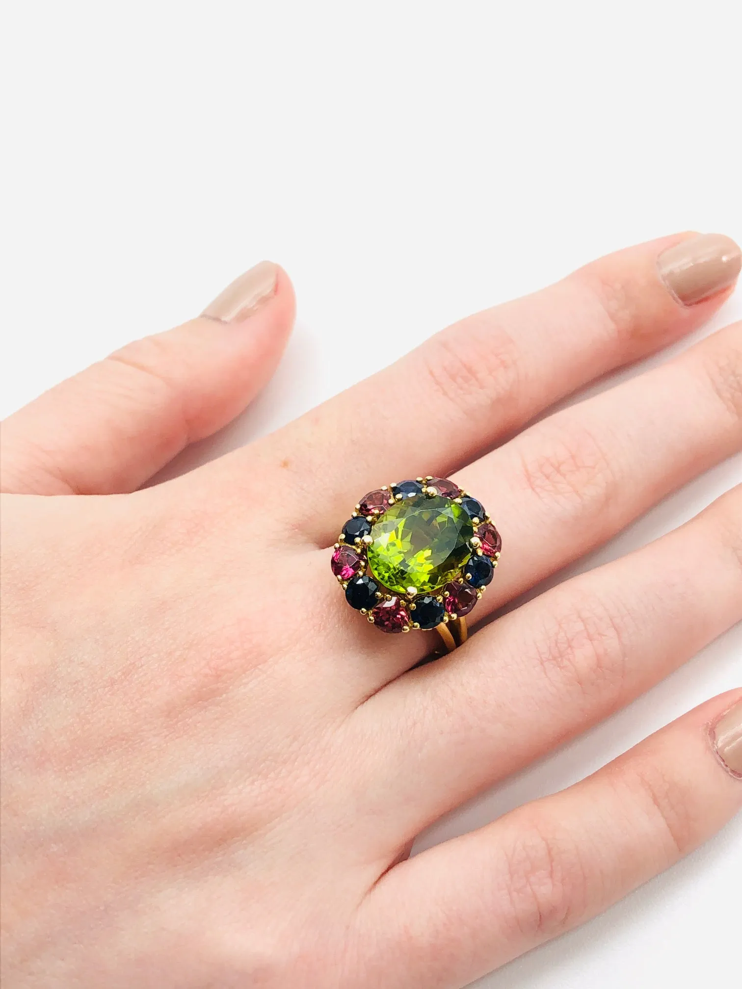 6.70 Carat Peridot, Sapphire, Rhodolite Garnet Yellow Gold Cocktail Cluster Ring