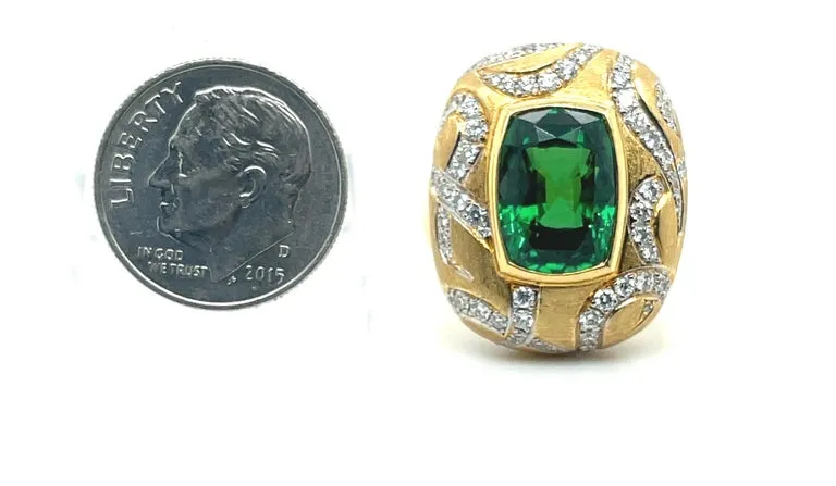 7.26 Carat Tsavorite Garnet and Diamond 18k Yellow Gold Handmade Ring