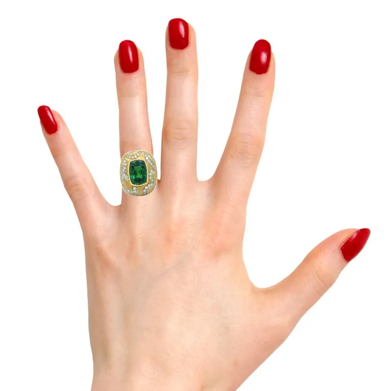 7.26 Carat Tsavorite Garnet and Diamond 18k Yellow Gold Handmade Ring