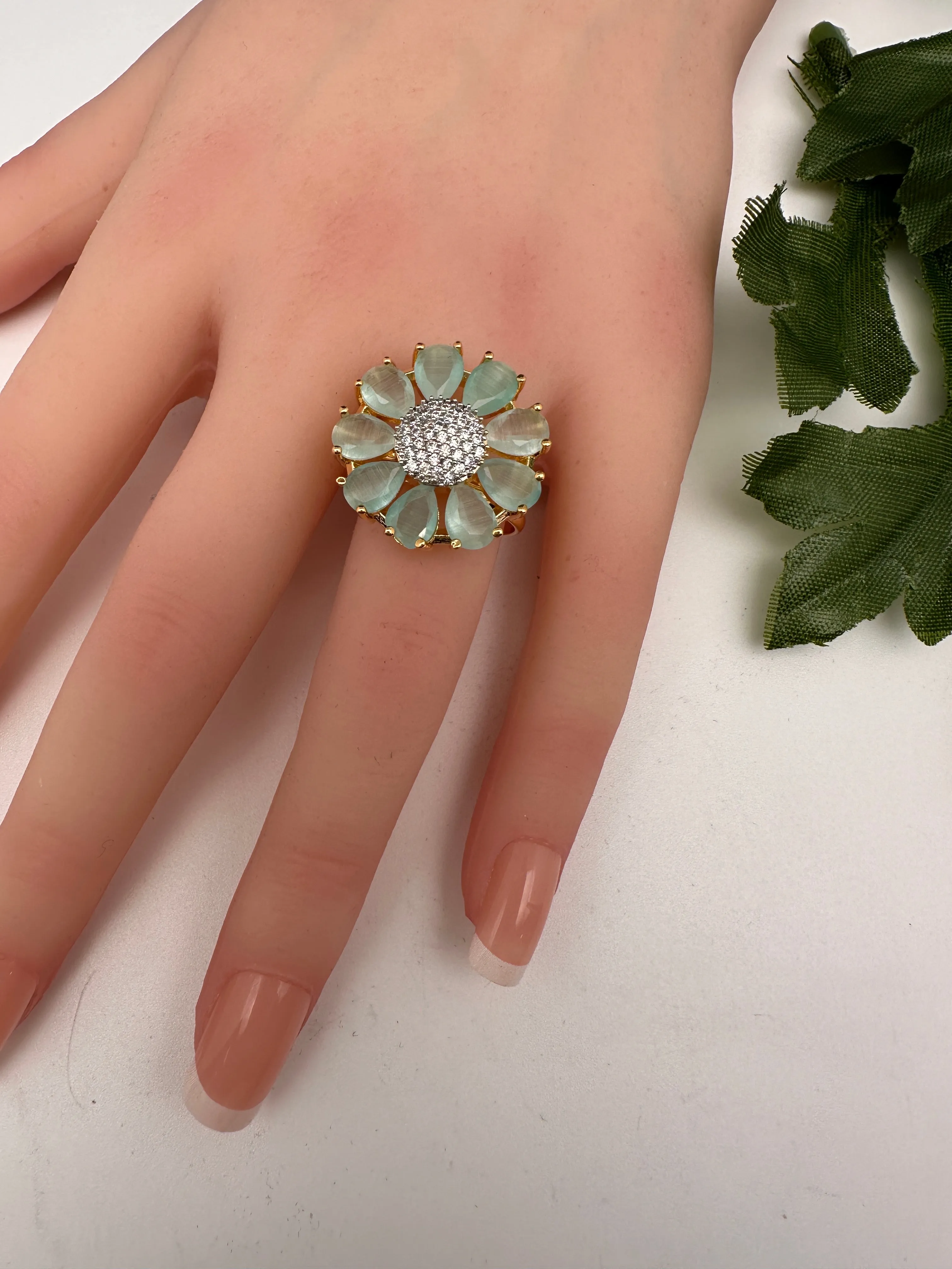 AD Gold FinishFloral Adjustable Color Stone Cocktail Ring