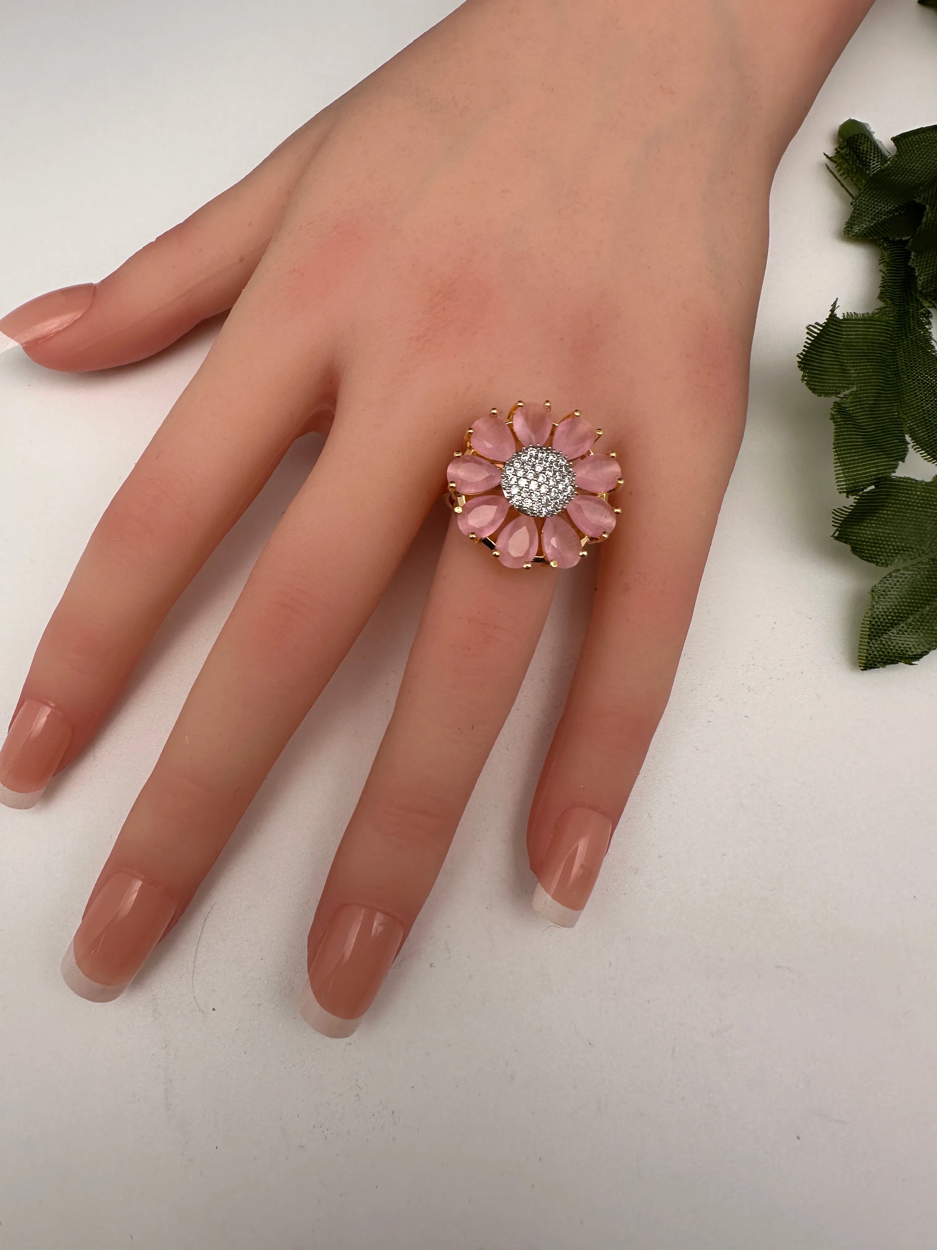 AD Gold FinishFloral Adjustable Color Stone Cocktail Ring
