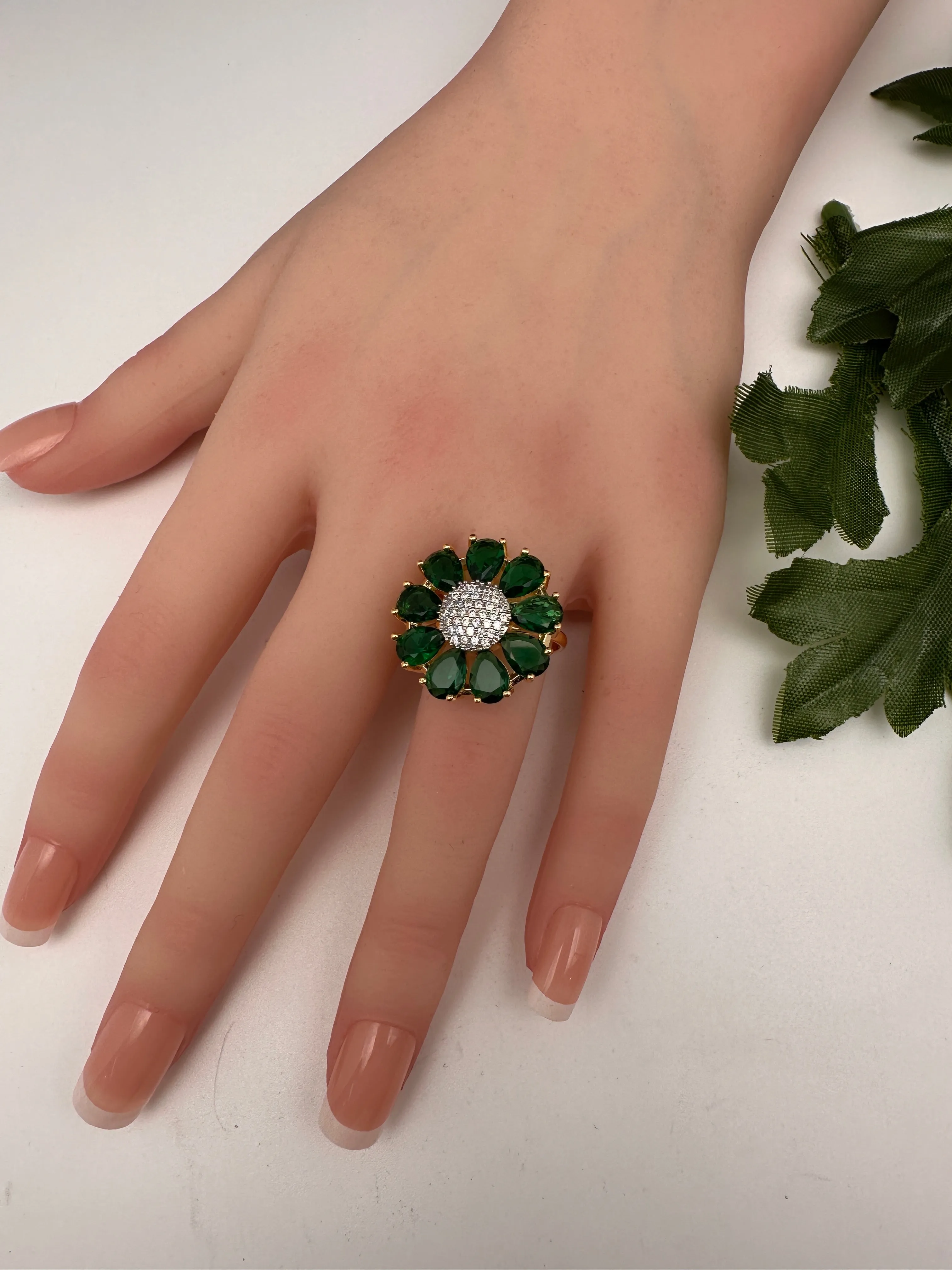 AD Gold FinishFloral Adjustable Color Stone Cocktail Ring