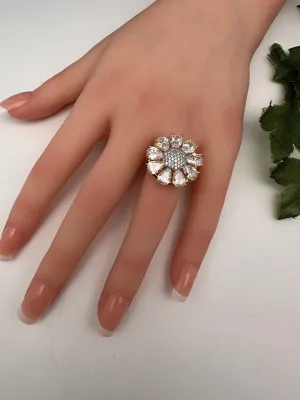 AD Gold FinishFloral Adjustable Color Stone Cocktail Ring