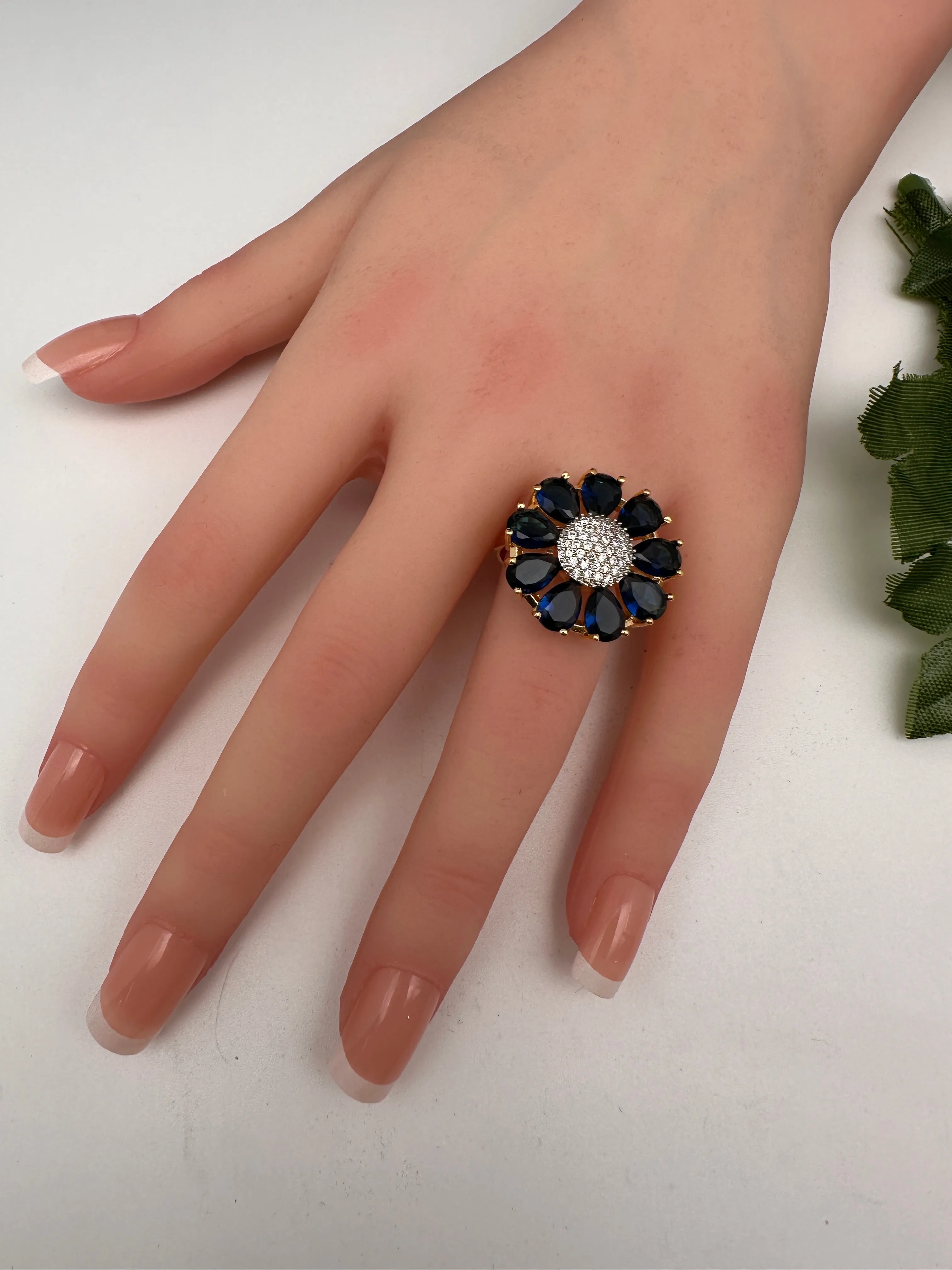 AD Gold FinishFloral Adjustable Color Stone Cocktail Ring
