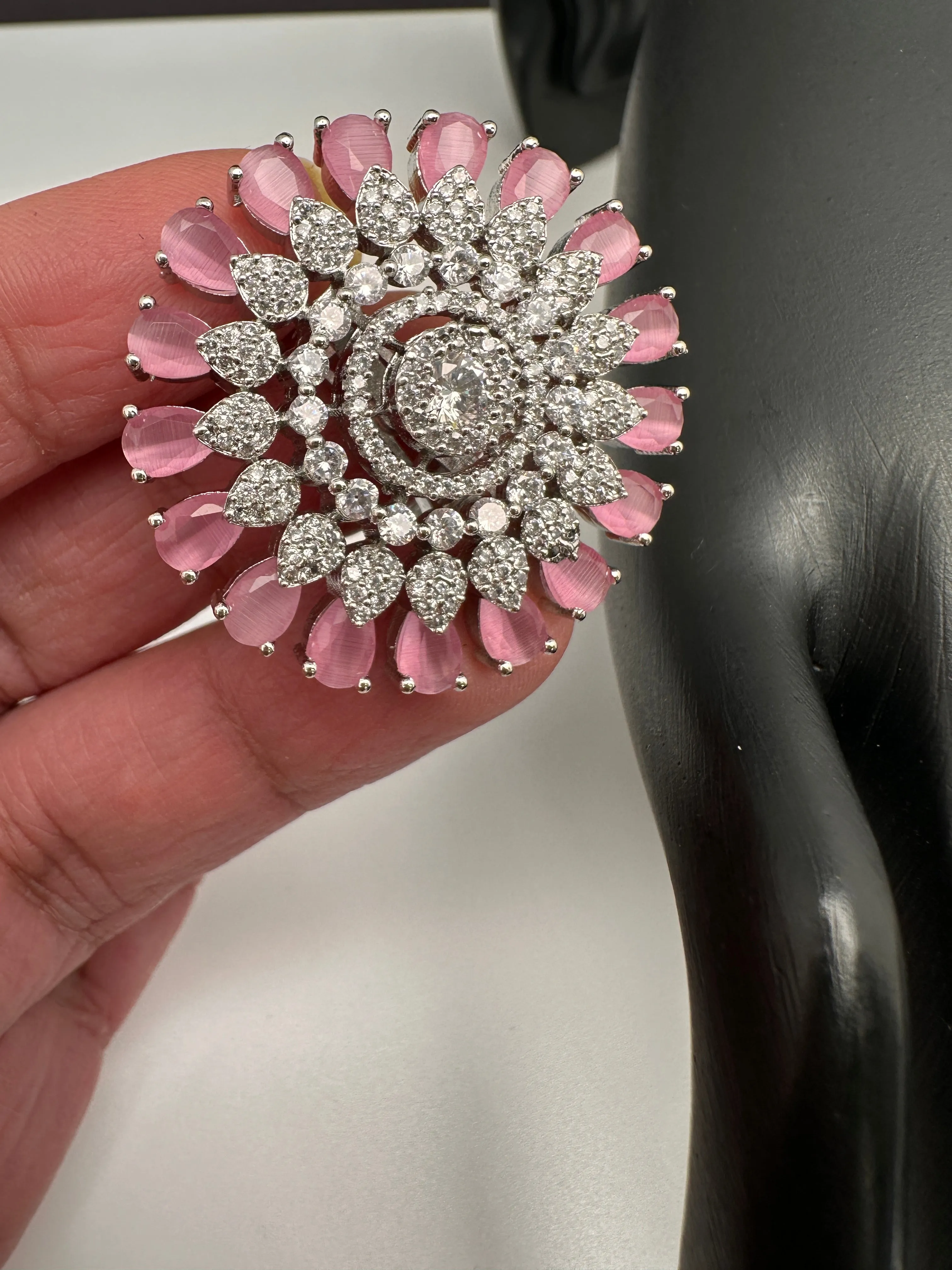 AD Silver Adjustable Color Stone Cocktail lRing
