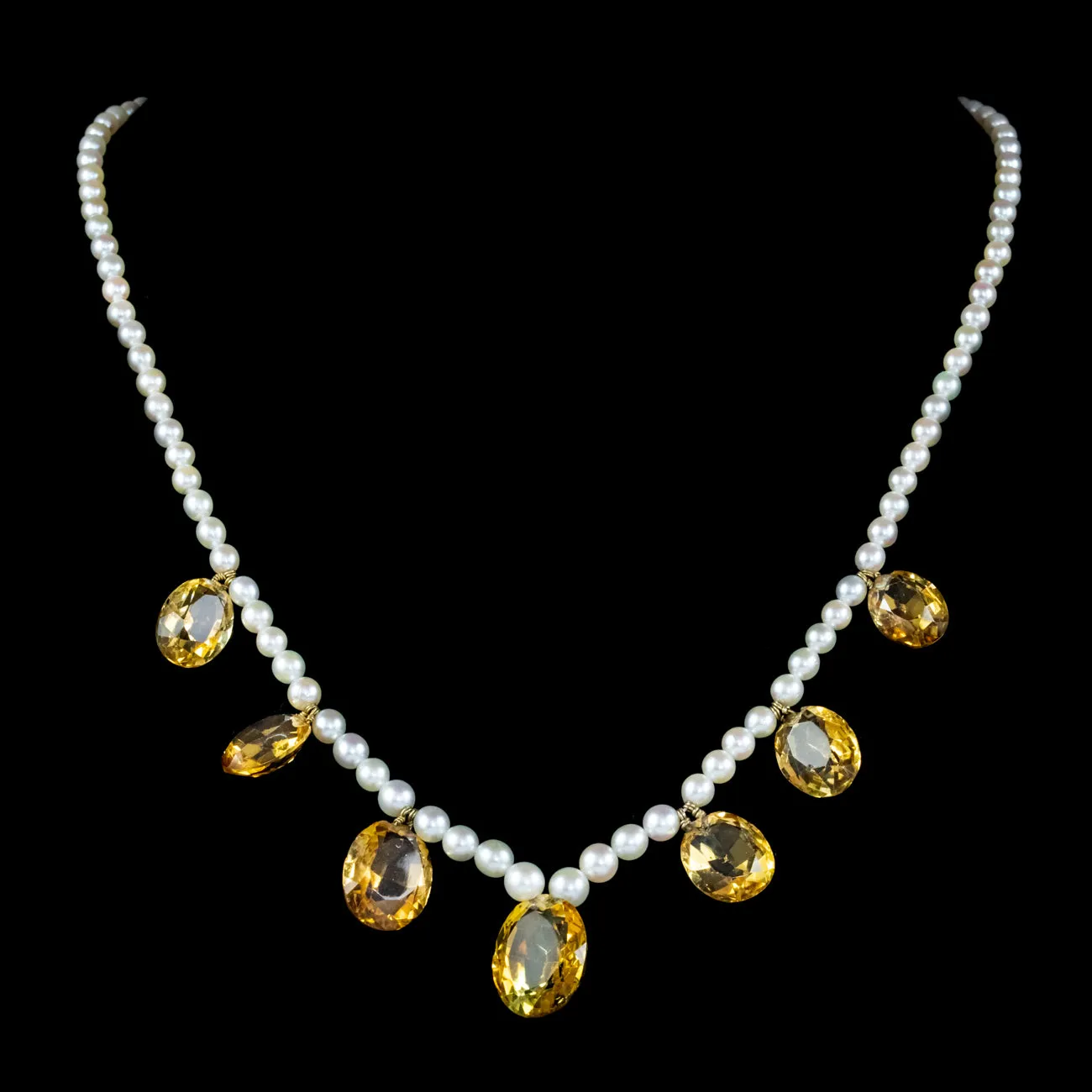 Antique Victorian Citrine Pearl Necklace Circa 1900