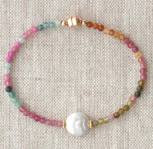 AVF Gold Multicolored Tourmaline Bracelet with White Coin Pearl