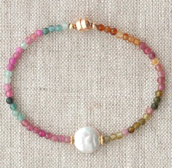 AVF Gold Multicolored Tourmaline Bracelet with White Coin Pearl