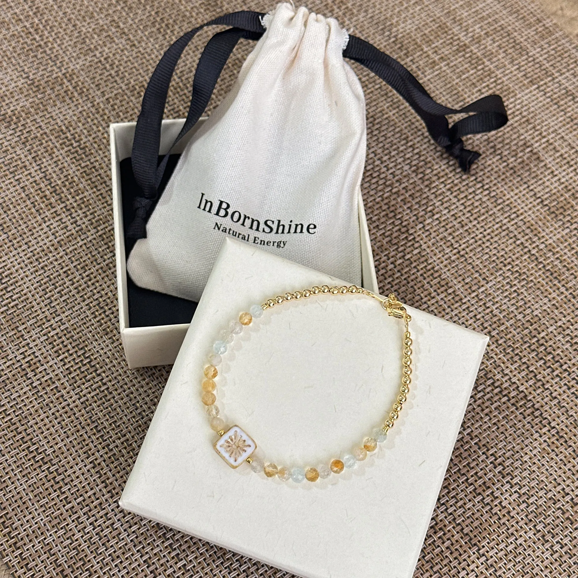 Citrine bracelet with Czech beads, gold bead bracelet