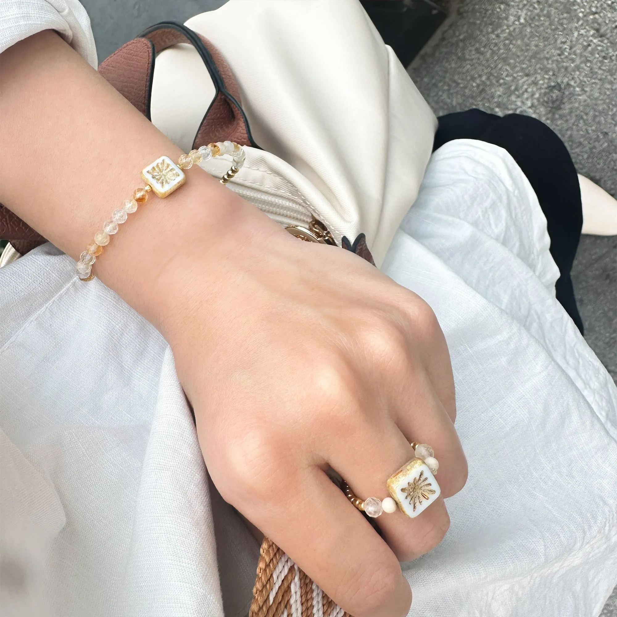 Citrine bracelet with Czech beads, gold bead bracelet