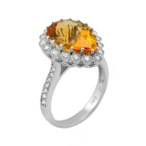 Citrine Color Gem & Diamond  White Gold Ring