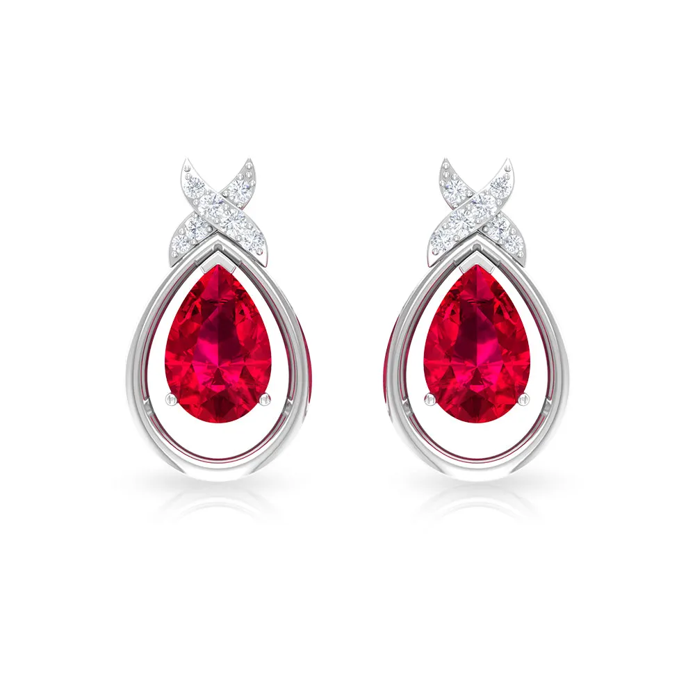 Classic Created Ruby and Diamond Teardrop Stud Earrings