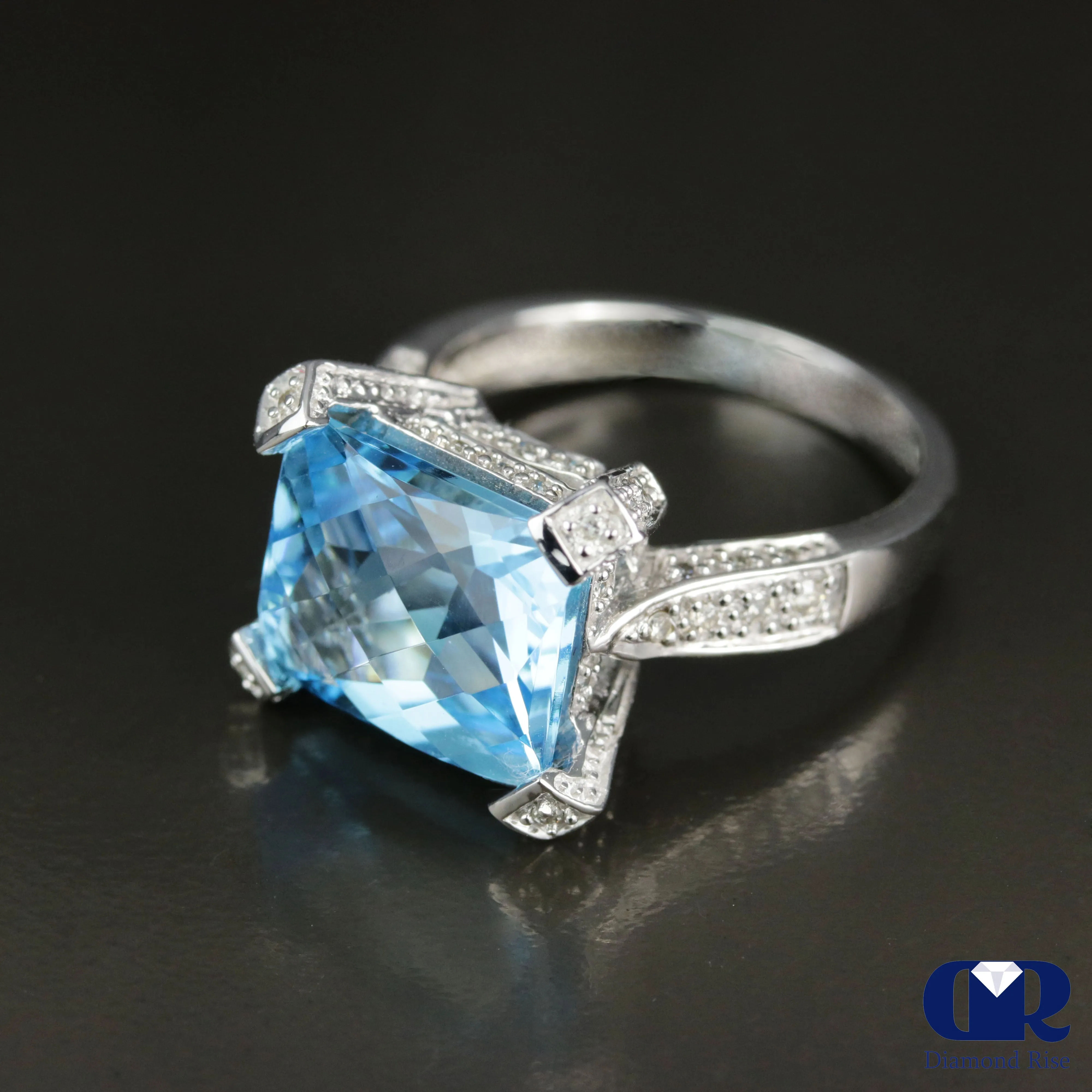 Cushion Cut Blue Topaz & Diamond Cocktail & Right Hand Ring In 14K Gold