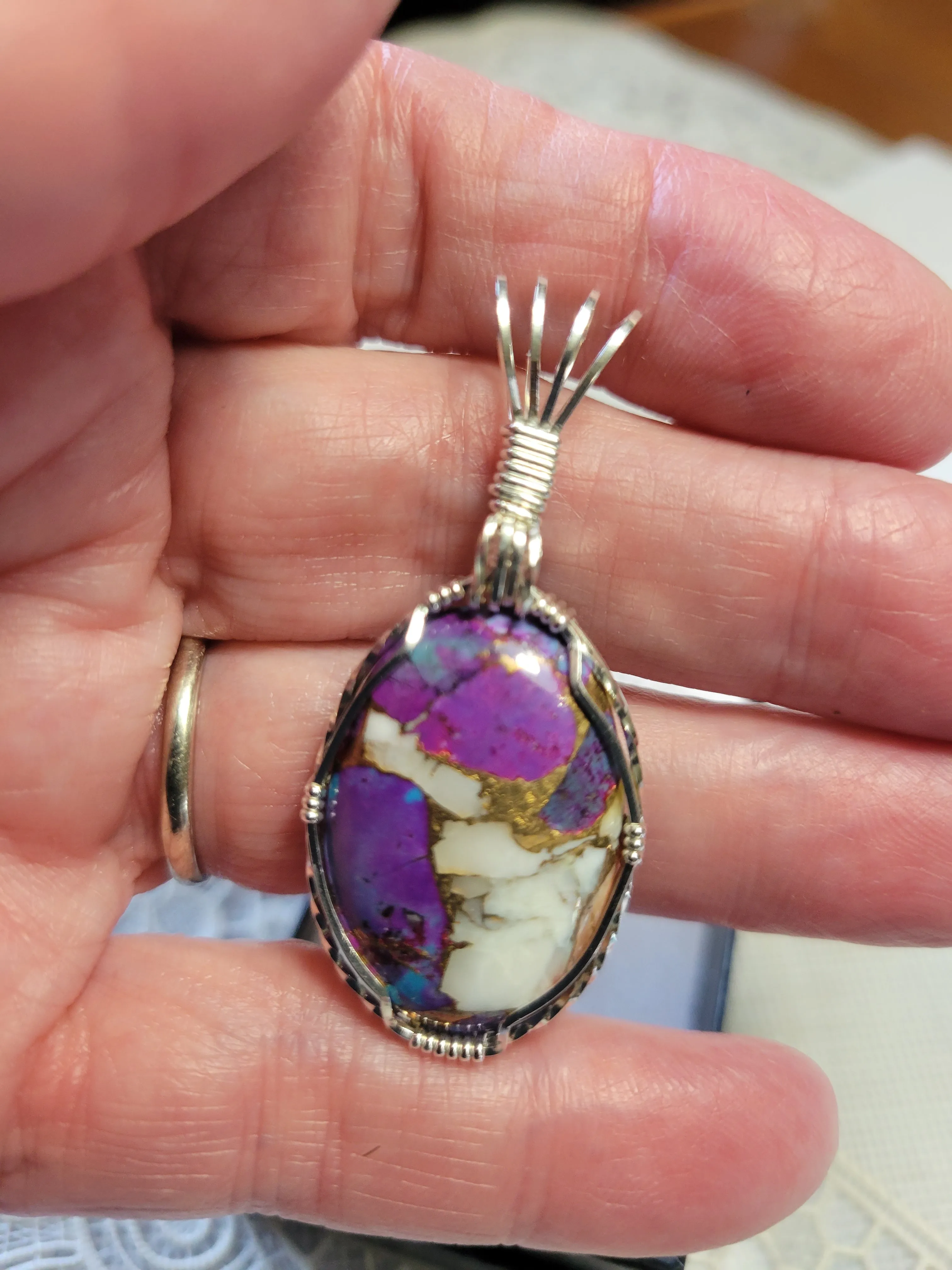 Custom Wire Wrapped Purple Majave Turquoise Spiny Oyster & Copper Necklace/Pendant Sterling Silver