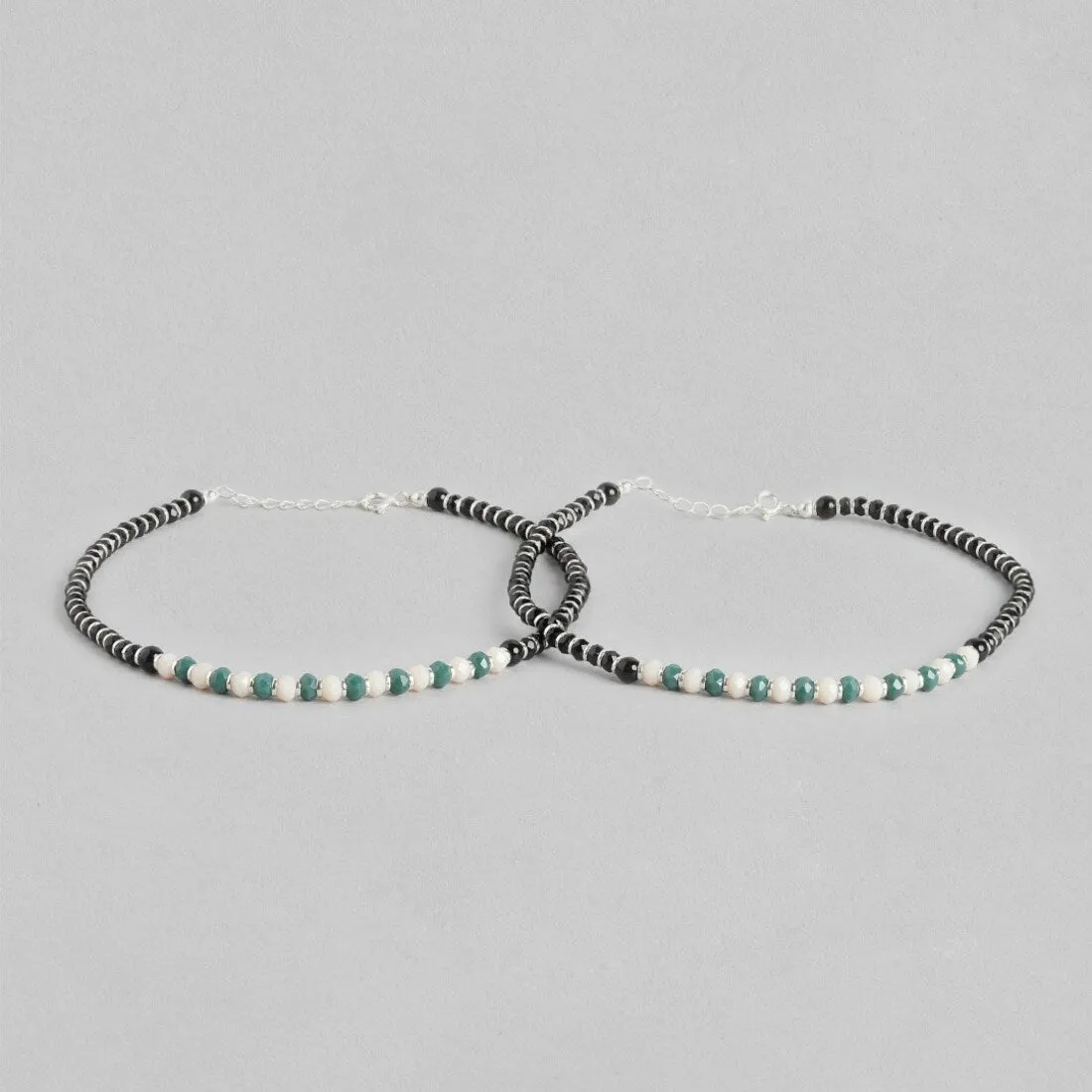 Elegant Enigma Rhodium Plated Black Bead Anklet in 925 Sterling Silver