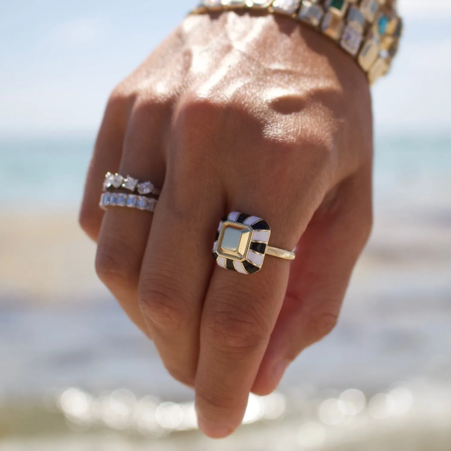Emerald Cut Goldstone™ B&W Striped Cocktail Ring