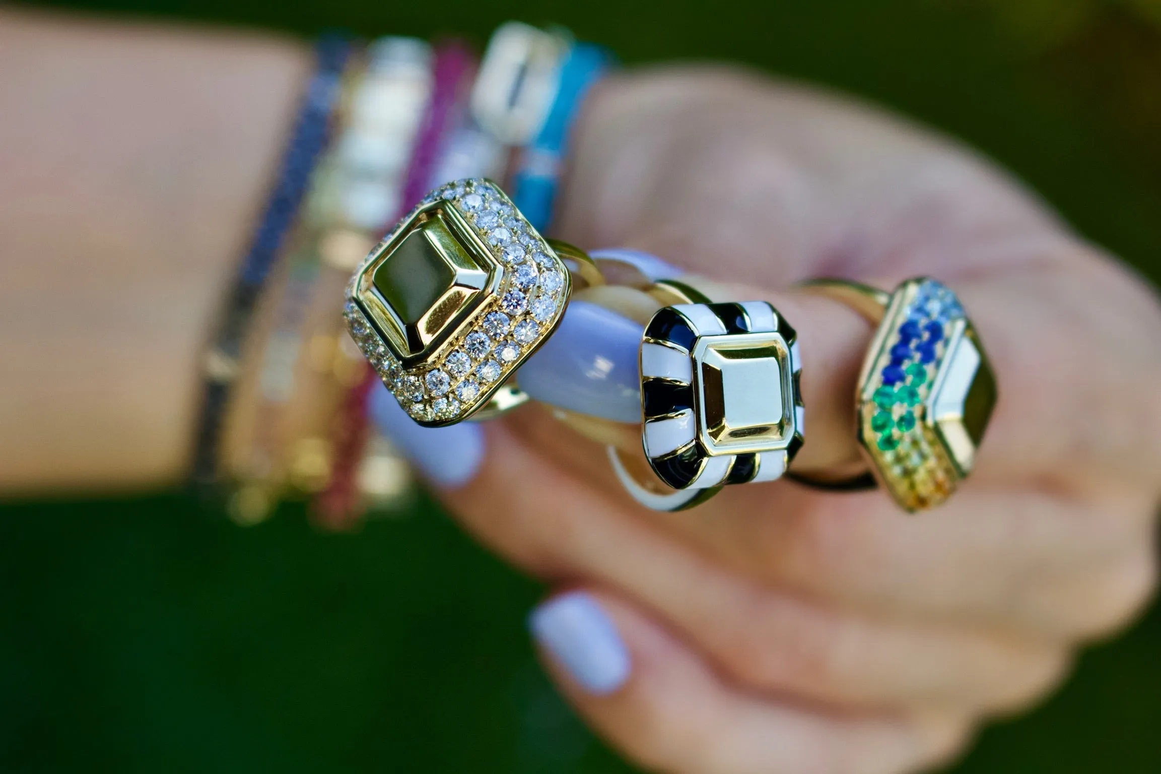 Emerald Cut Goldstone™ B&W Striped Cocktail Ring
