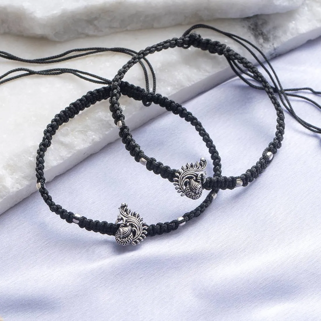 Ethereal Plumage Black Thread 925 Sterling Silver Peacock Anklet