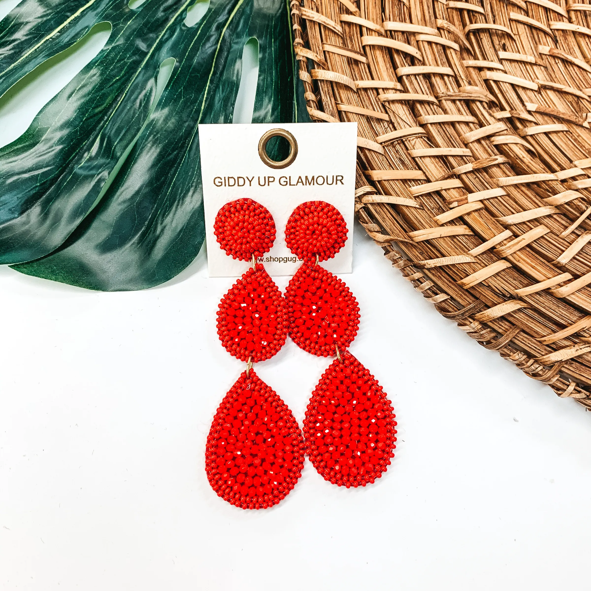 Glass Seed Beaded Drop Earrings in Red