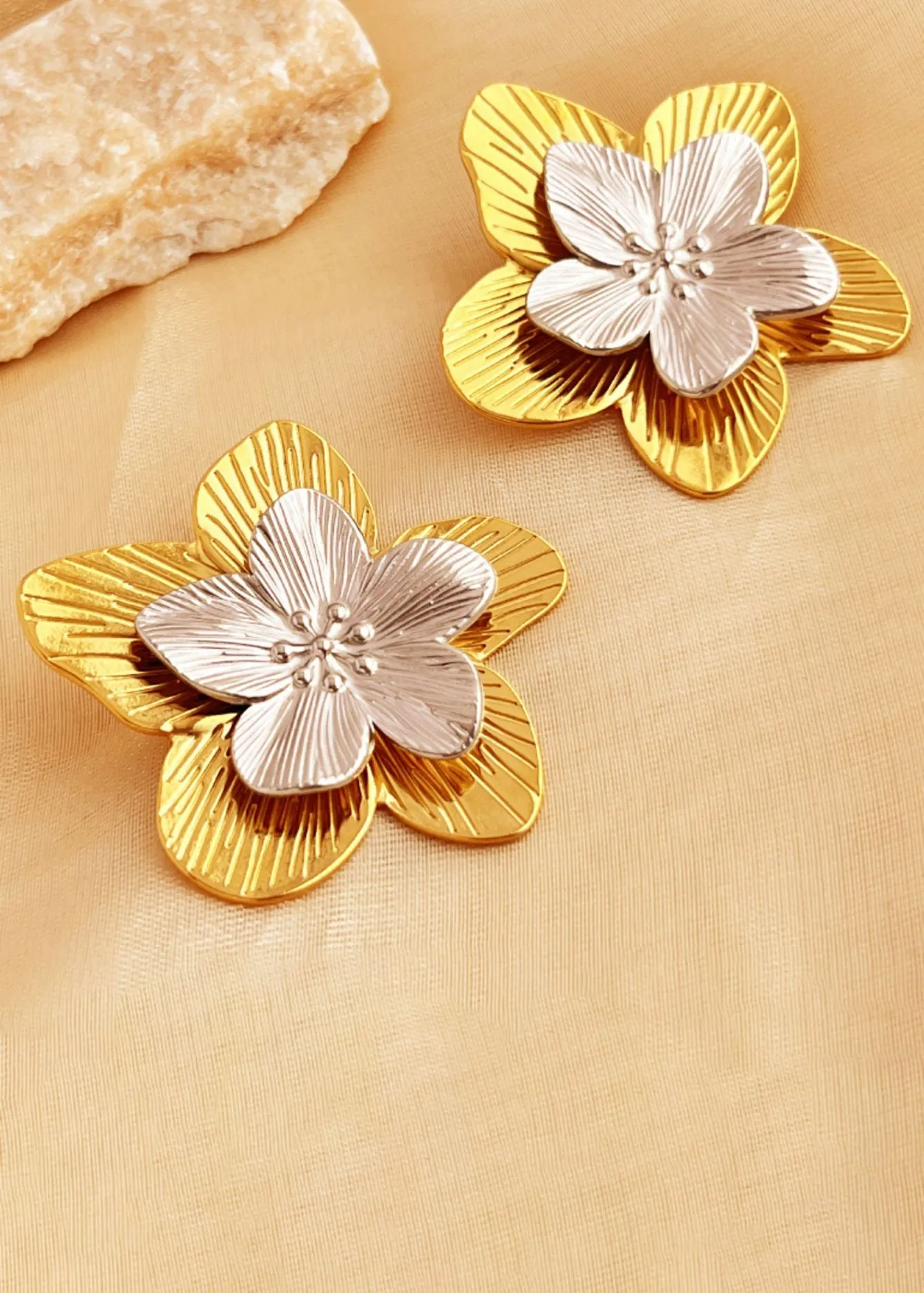 Gold Silver Layered Flower Stud Statement Earrings