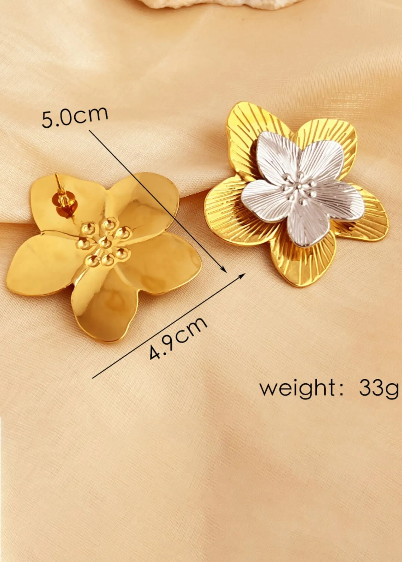 Gold Silver Layered Flower Stud Statement Earrings