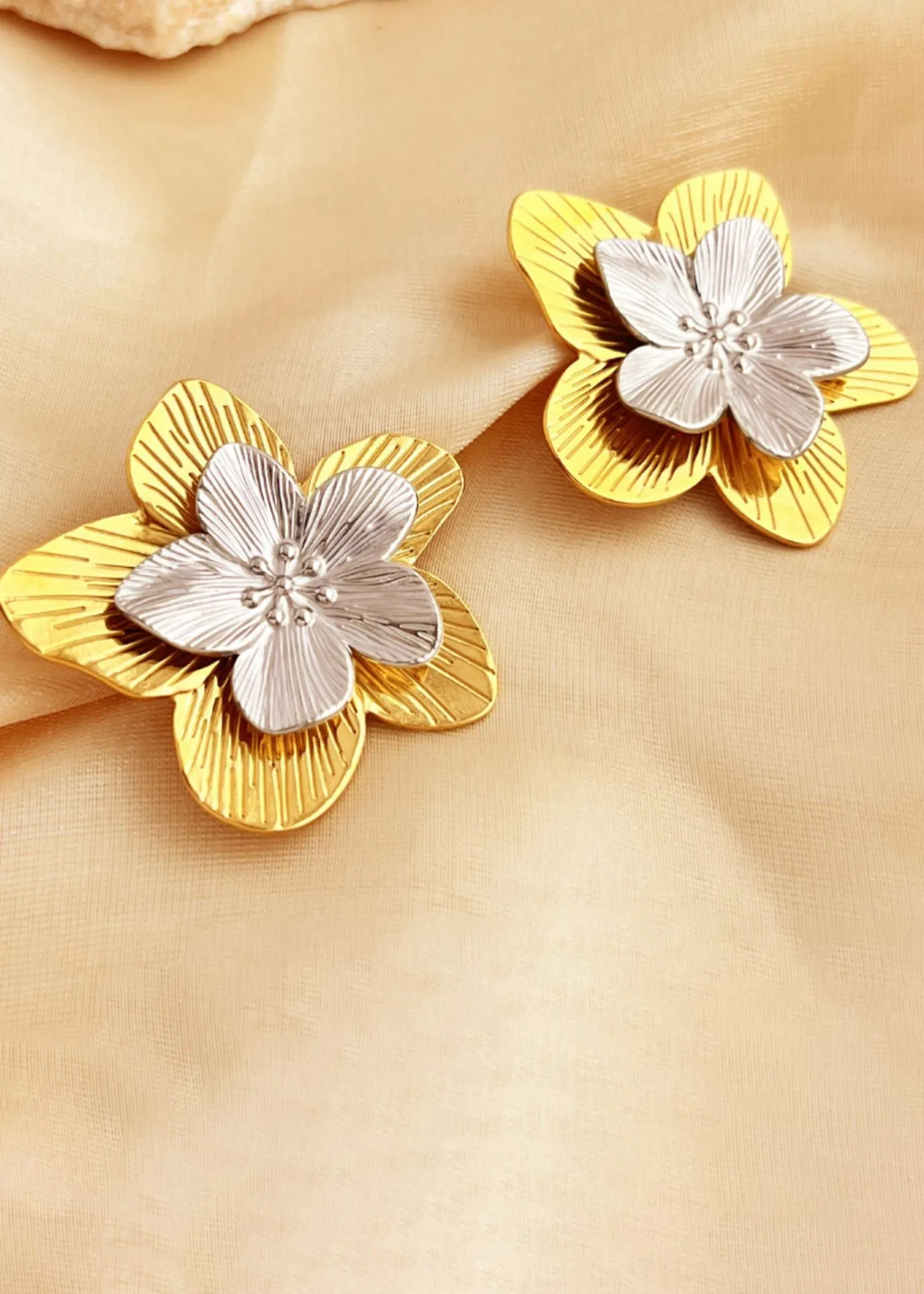 Gold Silver Layered Flower Stud Statement Earrings