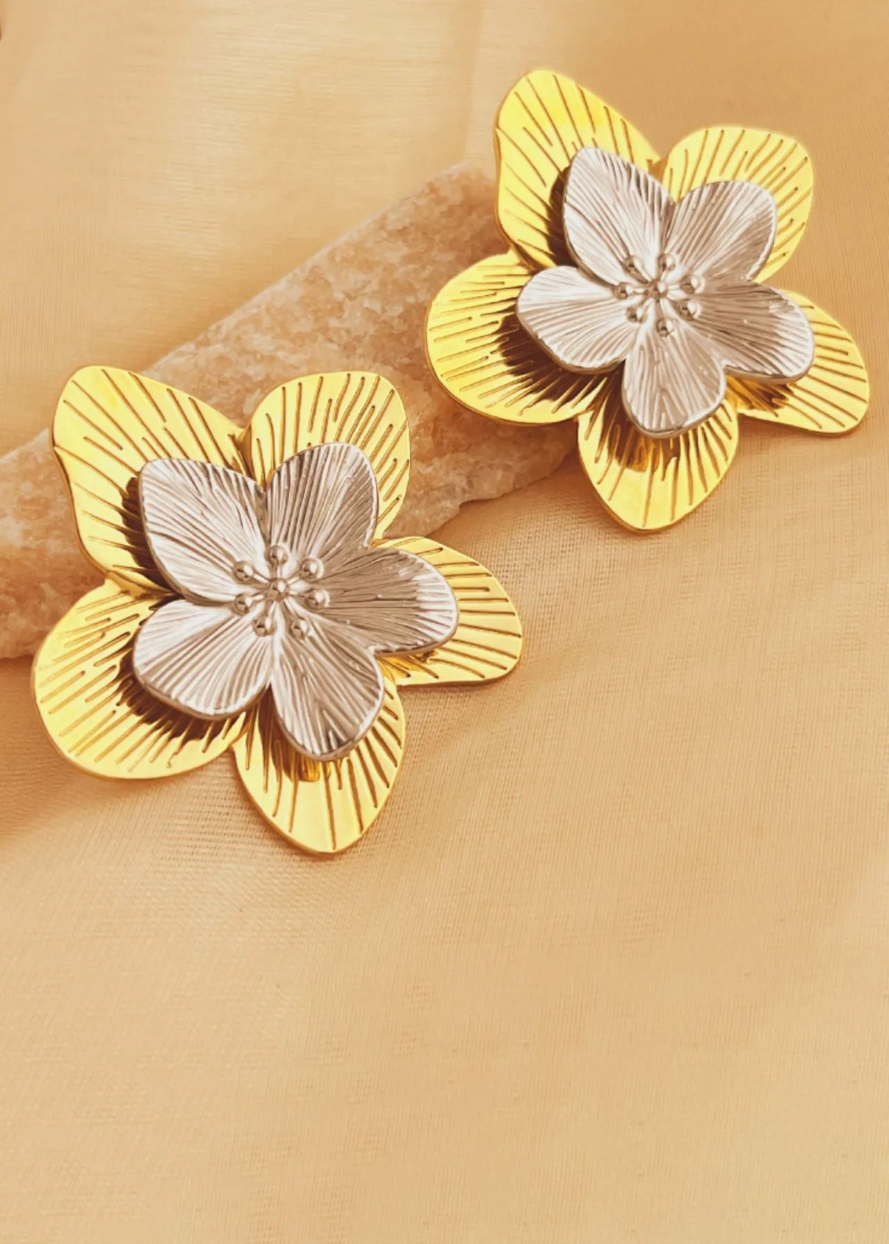 Gold Silver Layered Flower Stud Statement Earrings