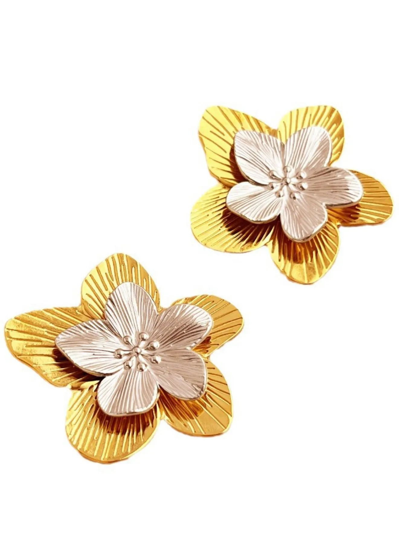 Gold Silver Layered Flower Stud Statement Earrings