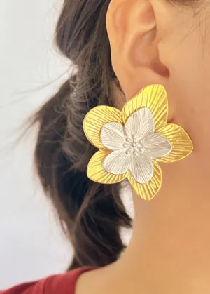 Gold Silver Layered Flower Stud Statement Earrings