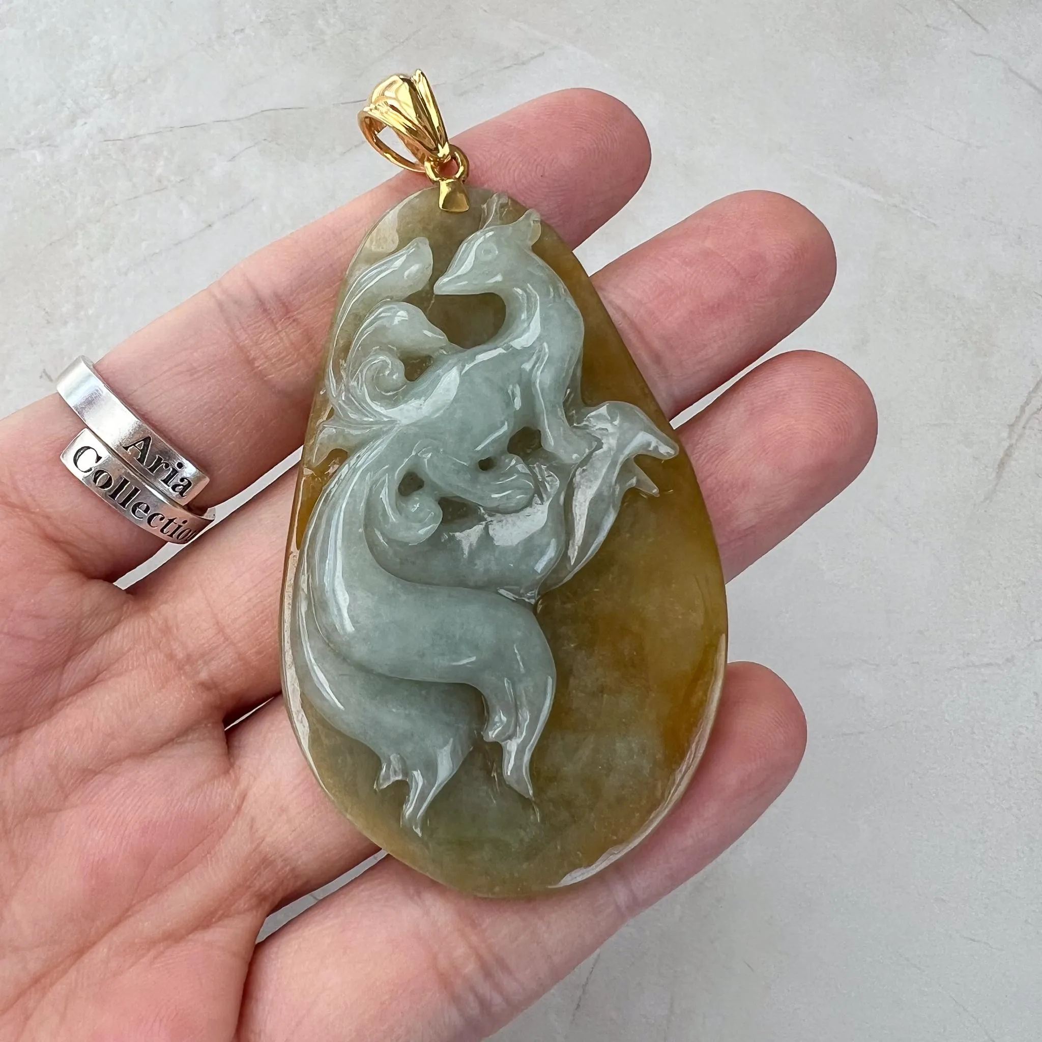Golden Nine 9 Tail Fox Jade Pendant with 18K Gold, Yellow Jadeite Jade Hand Carved Pendant, YGR-1223-1729918732
