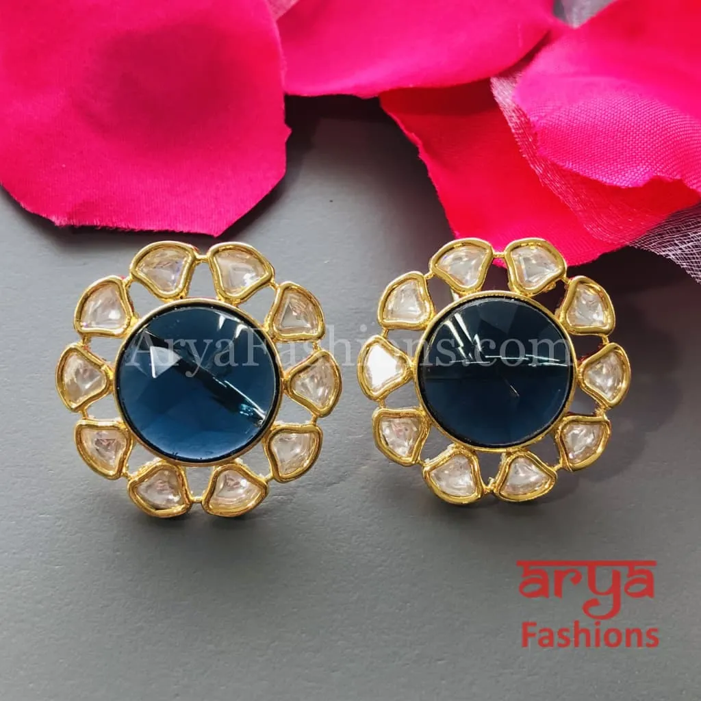 Golden Round Stud Earrings with colored stones