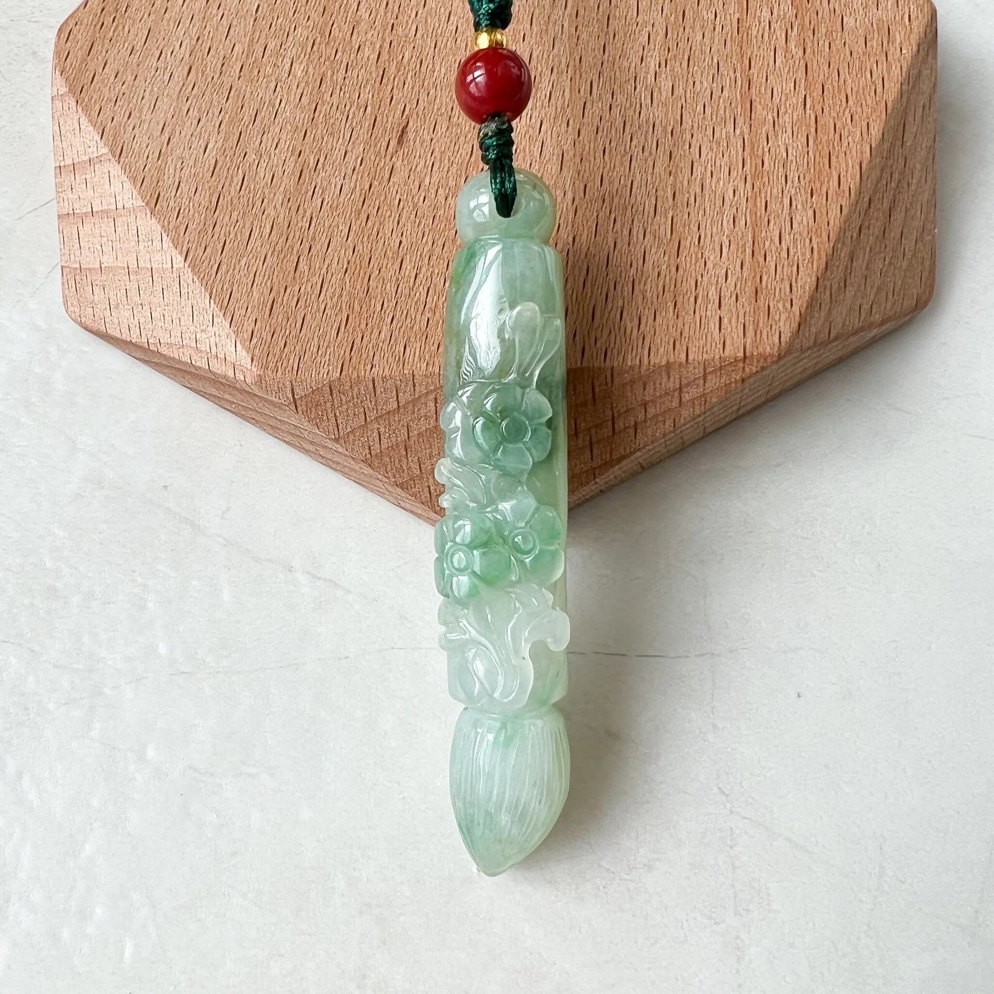 Green Translucent Jade Lucky Paint Brush Pendant, Jadeite Jade Hand Carved Pendant Necklace, LSG-1221-1669759898