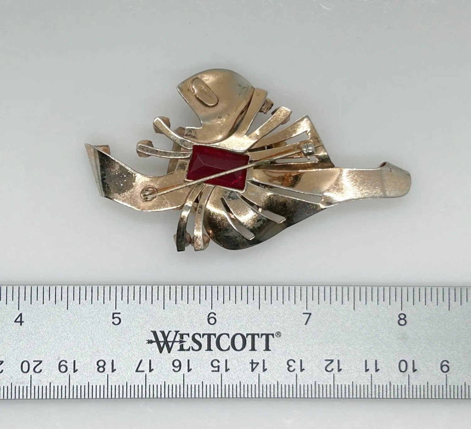 Mid Century Sterling Statement Brooch with Vivid Red Stones