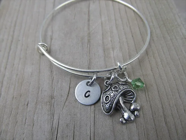 Mushroom Charm Bracelet- Adjustable Bangle Bracelet with an Initial Charm and an Accent Bead of your choice