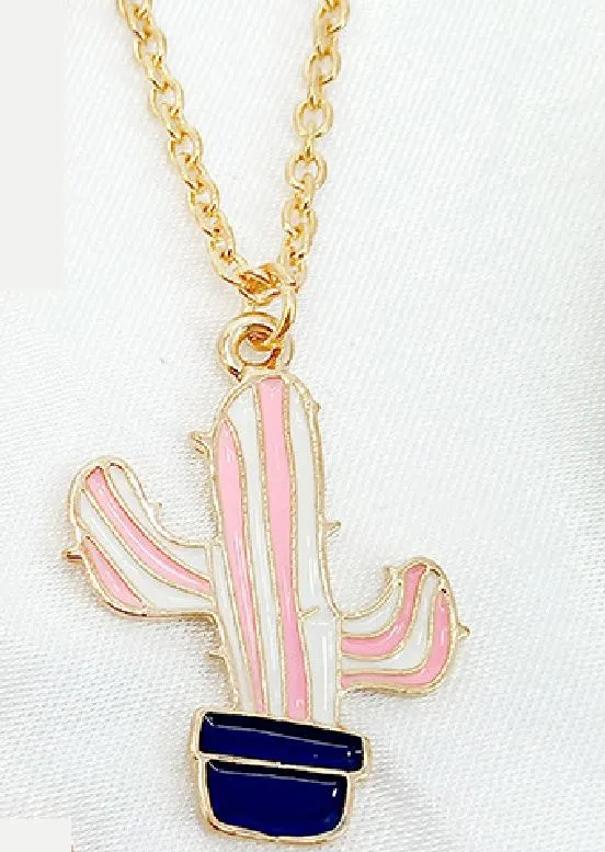 N1026 Gold Pink & White Cactus Necklace with FREE Earrings
