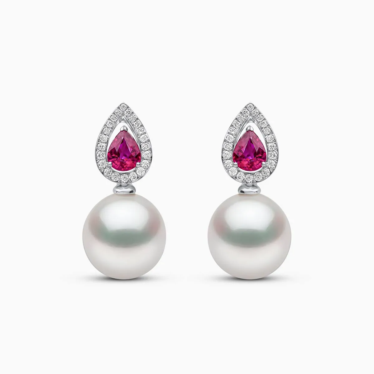 Ophelia 18K Gold Pearl Ruby and Pear Cut Diamond Earrings