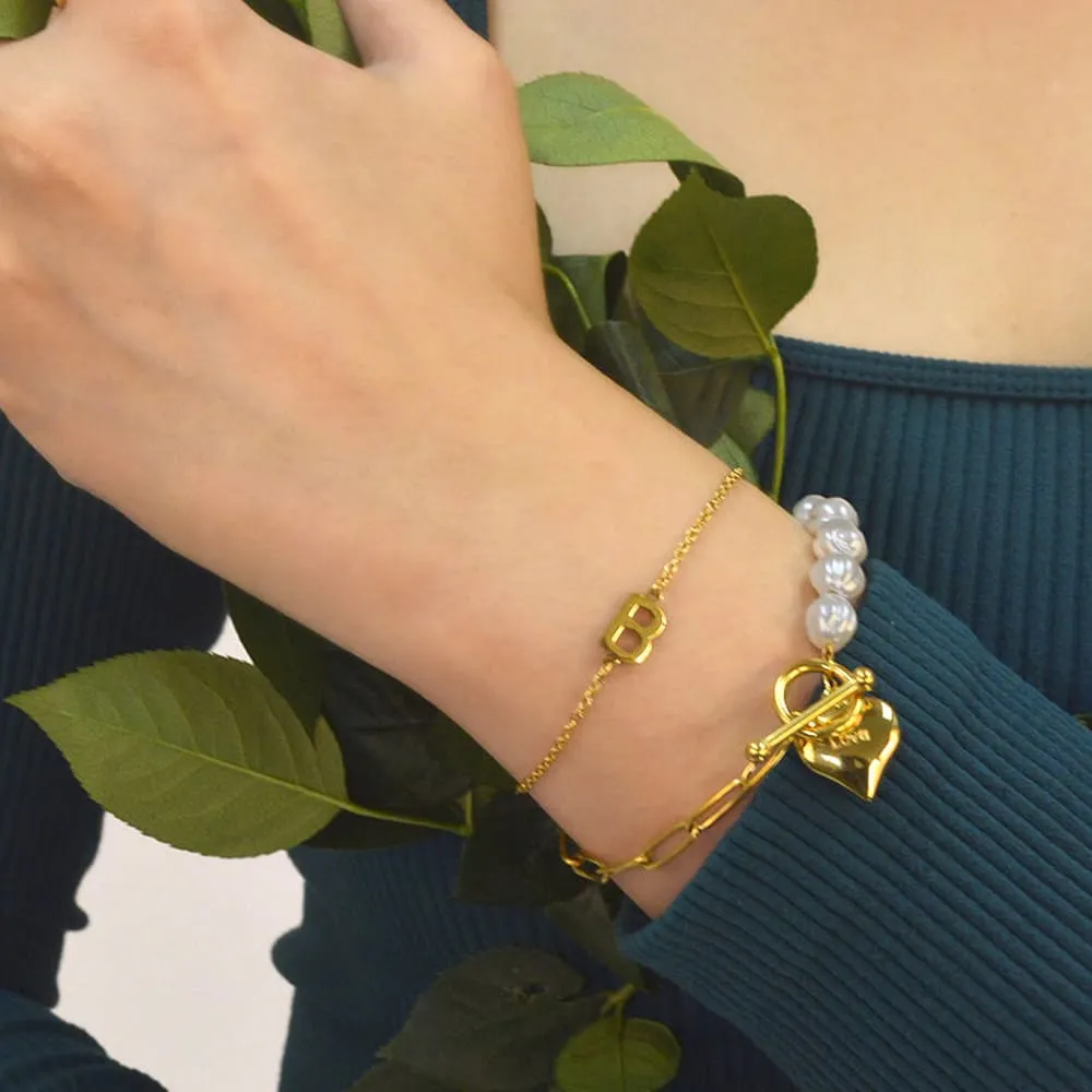 Pearl Paper Clip Chain Heart Gold Layered Stainless Steel Bracelet
