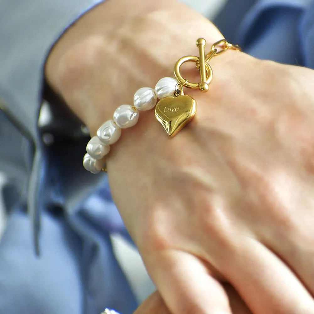 Pearl Paper Clip Chain Heart Gold Layered Stainless Steel Bracelet
