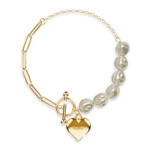 Pearl Paper Clip Chain Heart Gold Layered Stainless Steel Bracelet