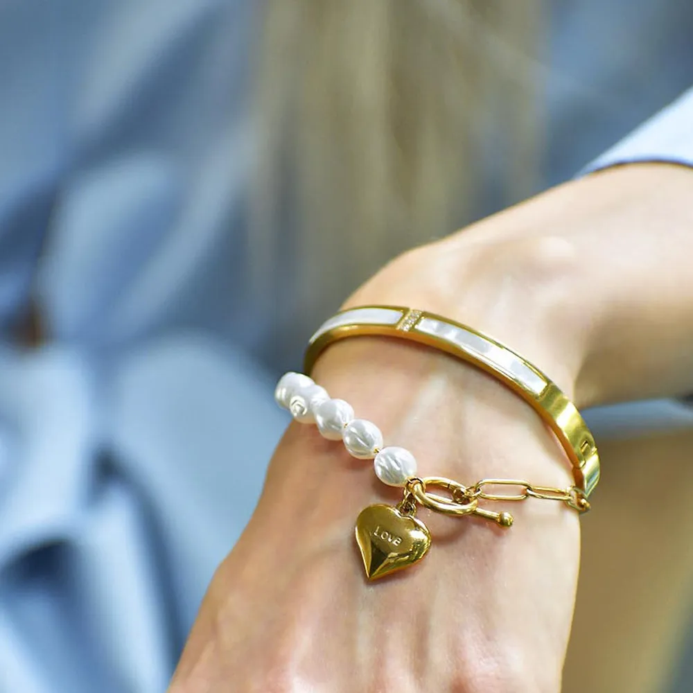 Pearl Paper Clip Chain Heart Gold Layered Stainless Steel Bracelet