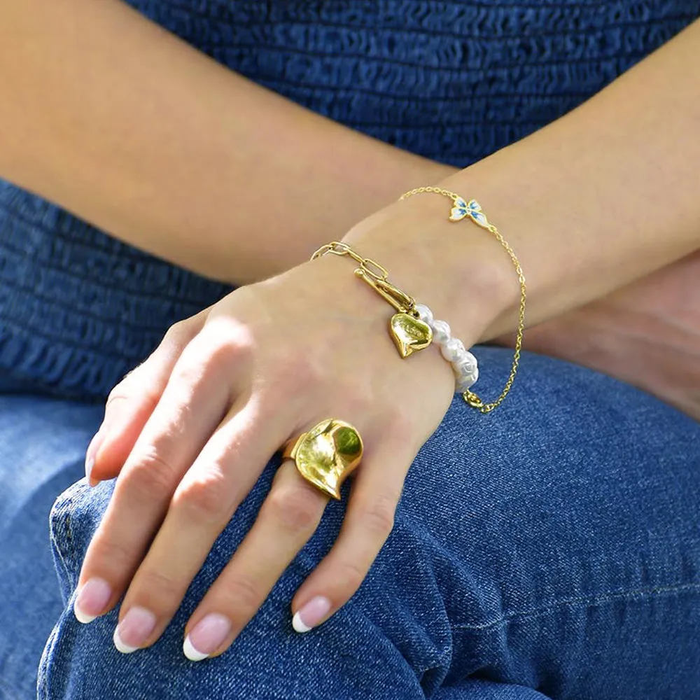 Pearl Paper Clip Chain Heart Gold Layered Stainless Steel Bracelet