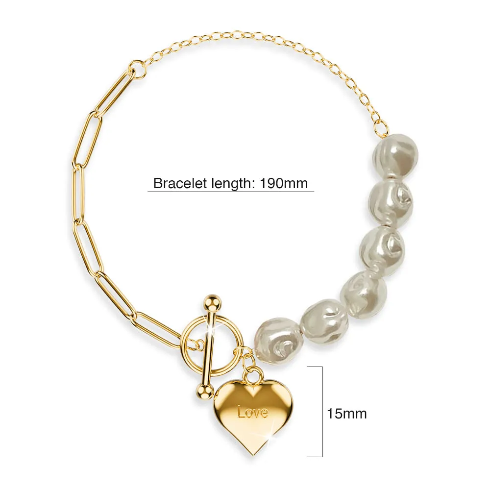 Pearl Paper Clip Chain Heart Gold Layered Stainless Steel Bracelet